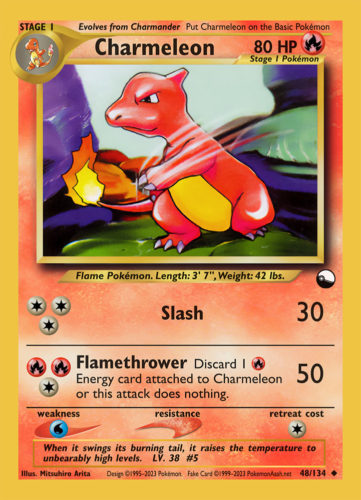 Charmeleon LV. 38 (◆) - 48/134 - Source: Base Set (Yes, a Base Set reprint, only because there is literally NO OTHER Charmeleon card we could’ve used!)